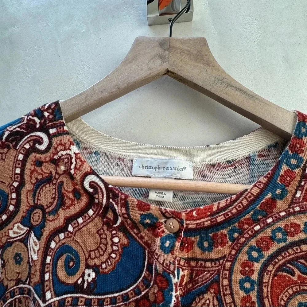 Christopher Banks || Earthy Paisley Cardigan Sweater Size Medium - Picture 4 of 7